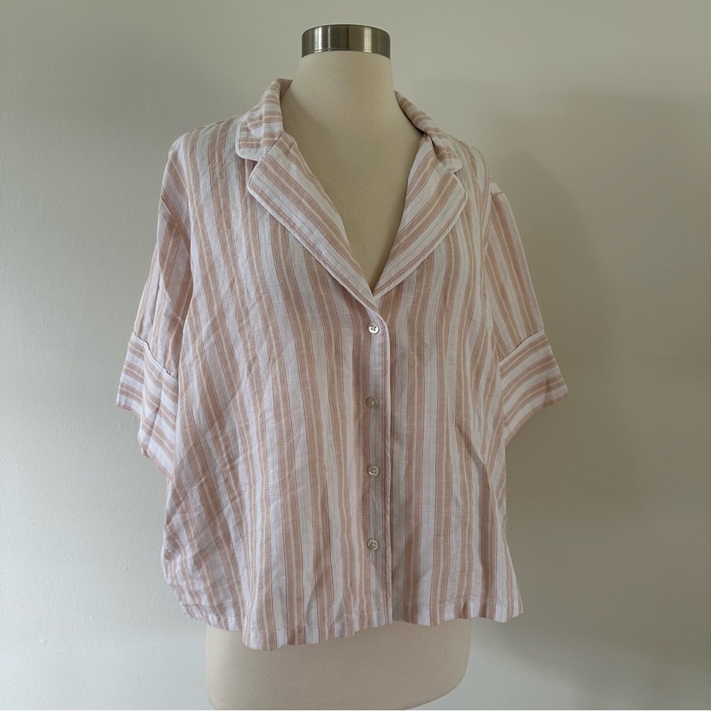 New NWOT Haven Well Within Linen+ Cotton Button Down Short Sleeve Striped Shirt
